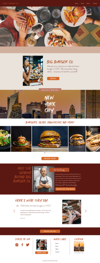 Landing page created for Burger Company Branding done by A&M Digital Design