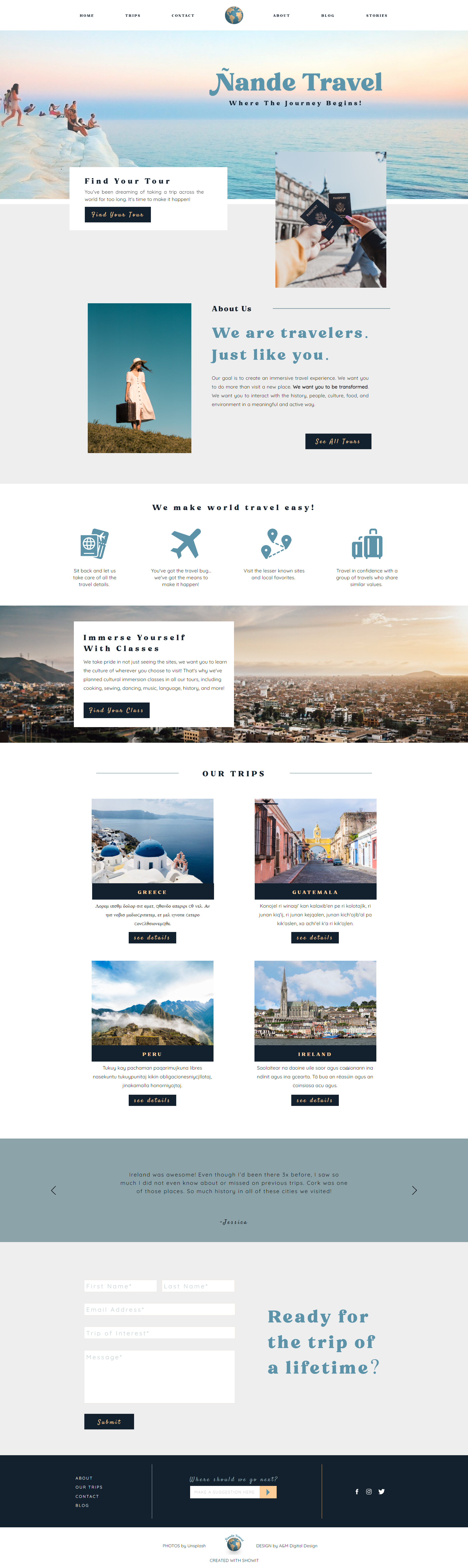 Austin's website home page for Nande Travel (the winning design ;))