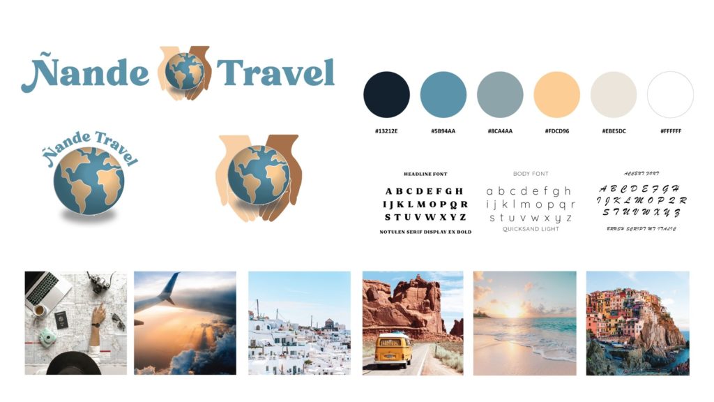 Nande Travel primary and secondary logos, color palette, fonts, and mood board images